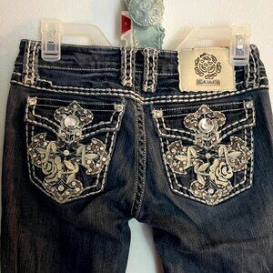 LA Idol USA Jeans Woman’s 5 Rhinestone Bling Embroidered Flap Pocket (W29 l34)*